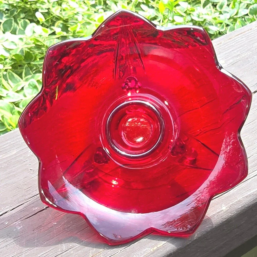 Vintage Ruby Red Glass 3 Footed Candle Holder Dish Scalloped Petal Rim